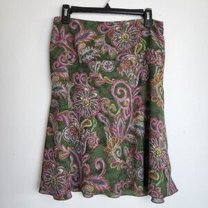 Nine & Company Paisley Print Olive Green Lavender Lined Women's Skirt Size 10